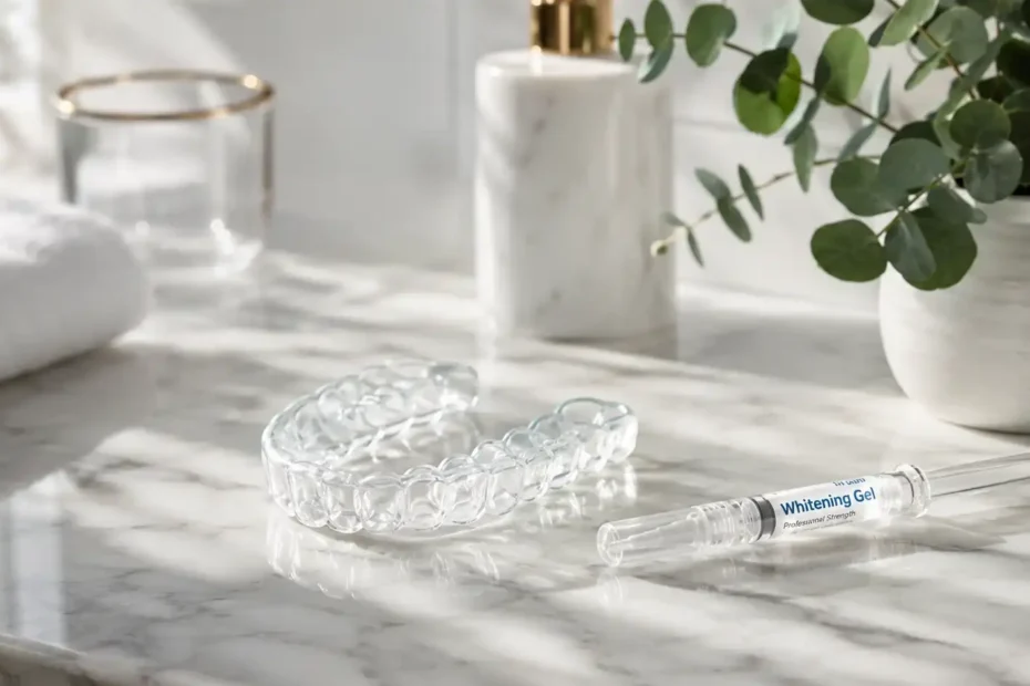 Clear custom dental whitening trays resting on a marble counter with bleaching gel syringe.