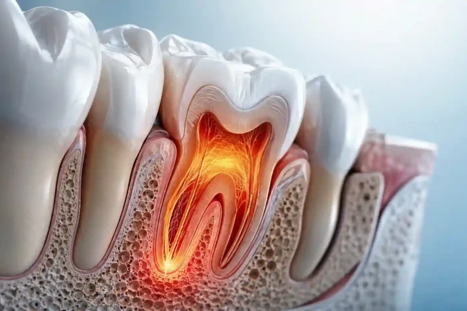 3D anatomical cross-section of a human molar showing inflamed nerve pulp causing back teeth pain.