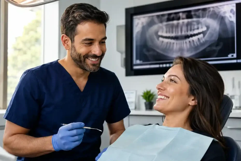 Licensed emergency dentist providing same-day pain relief treatment to a patient in a modern dental clinic