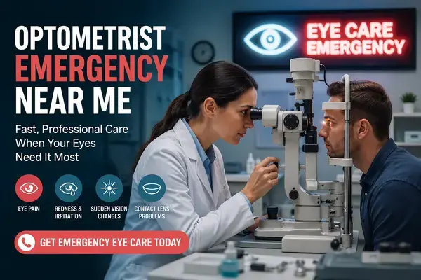Optometrist performing an urgent slit-lamp eye examination on a patient in a same-day clinic.