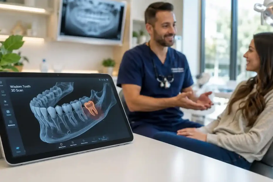 Oral surgeon showing a patient a 3D jaw scan during a wisdom teeth removal consultation in a modern dental clinic