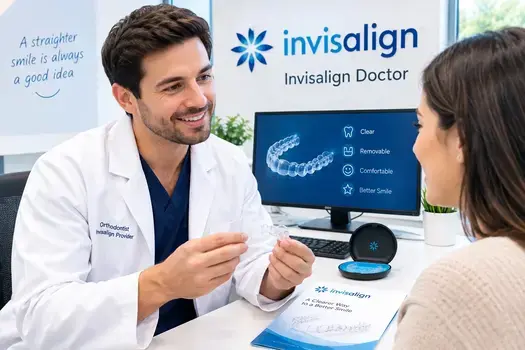 Invisalign doctor showing clear aligners to a patient