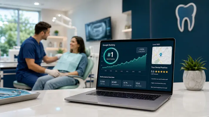 Dental SEO strategy dashboard showing local search rankings and patient growth for a dental practice