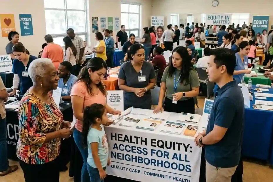 A diverse community health fair promoting health equity with medical screenings and educational booths.