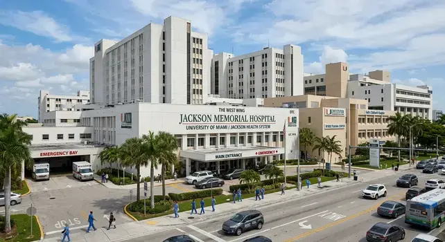 Jackson Memorial Hospital main entrance and medical campus view in Miami, Florida