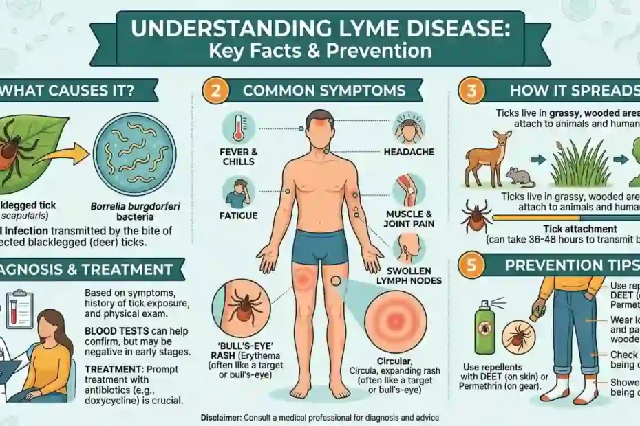 Detailed infographic explaining what Lyme disease is, including causes (blacklegged tick), common symptoms, transmission, diagnosis, and prevention tips.
