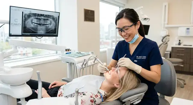 Professional female cosmetic dentist conducting a dental checkup on a patient in a modern dental office