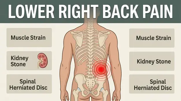Anatomy infographic showing lower right back pain highlight with common causes like muscle strain, kidney stone, and herniated disc.