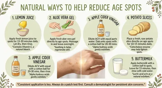 Natural remedies for age spots including lemon juice, aloe vera, apple cider vinegar, potato slices, and buttermilk.