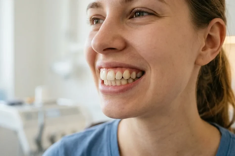 Woman smiling showing upper front teeth overlapping lower teeth due to an overbite
