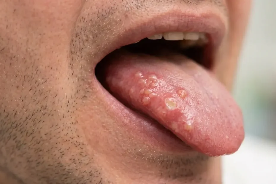 Close-up view of oral herpes blisters and lesions on the side of a human tongue