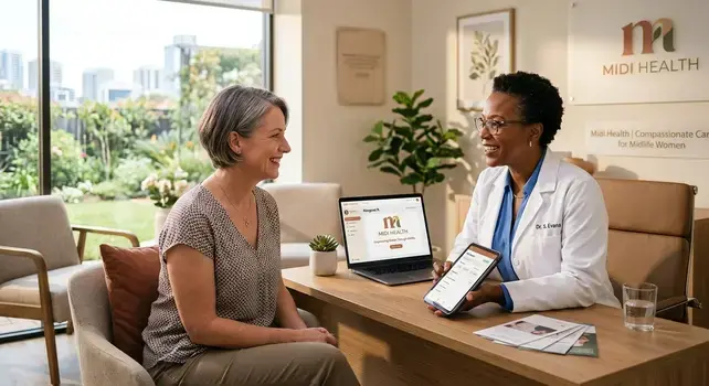 Female doctor consulting a midlife woman in a modern office for Midi Health telehealth services.