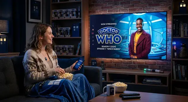 A fan watching Doctor Who streaming on a smart TV in a cozy living room