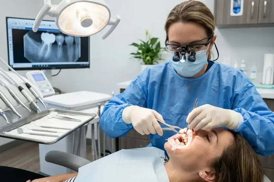 "Dentist placing a ceramic dental crown on a patient's tooth in a modern dental clinic"