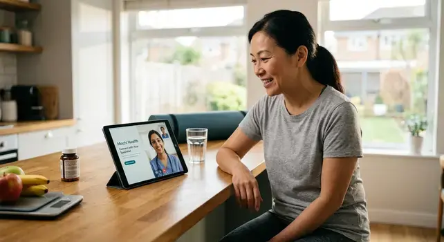 A woman during a telehealth video consultation with a doctor on a tablet, with Mochi Health branding visible on screen.
