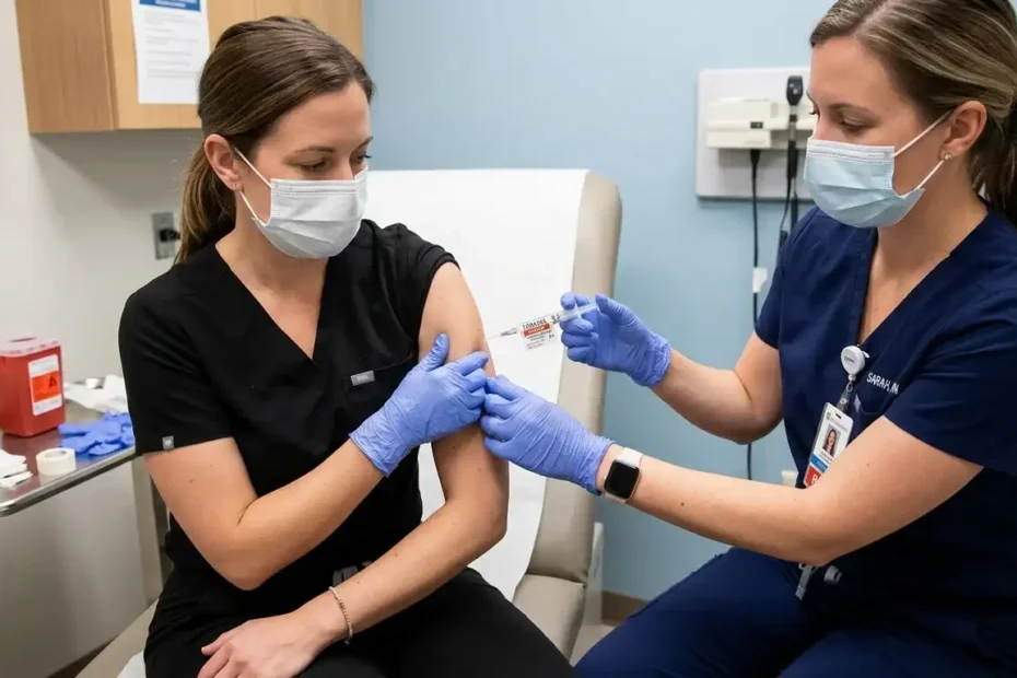 (Alternative Text): A nurse wearing a mask and gloves giving a Toradol injection in the arm of a patient in a medical clinic room.