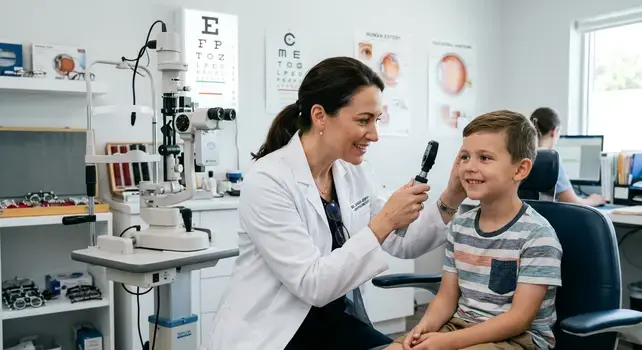 Female eye doctor conducting a vision exam on a young boy using an ophthalmoscope in an optometry clinic.