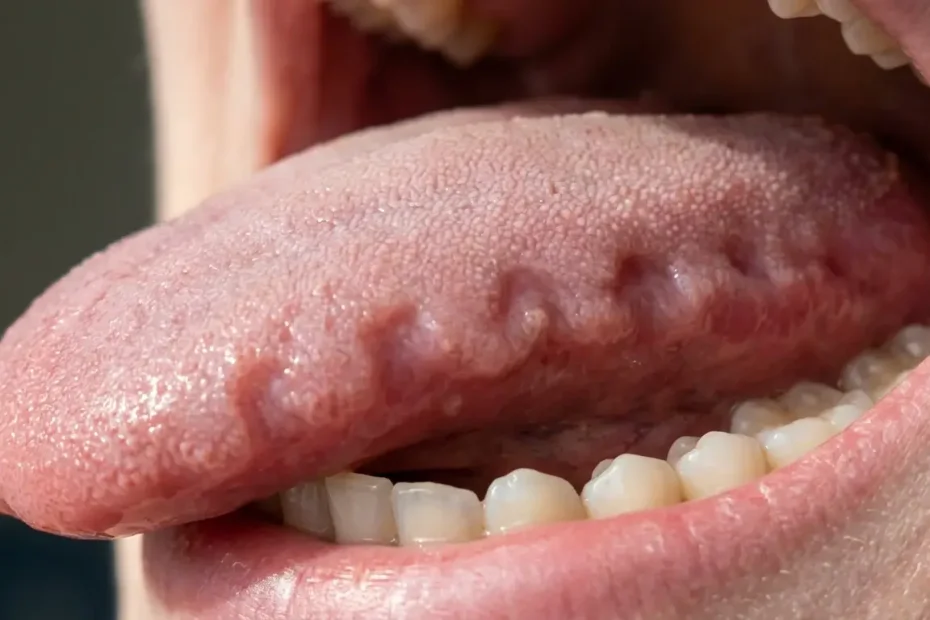 Close-up view of a human tongue showing scalloped edges and clear teeth impressions along the sides.