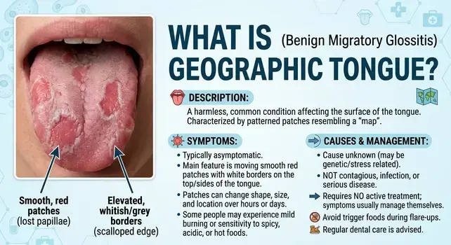 Infographic showing a photo of geographic tongue with smooth red patches and white borders alongside explanations of symptoms, causes, and management.