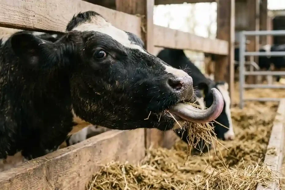 A black and white cow sticking its long tongue out to eat hay in a barn.