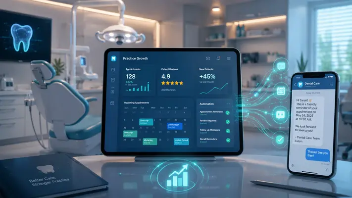 RevenueWell dashboard showing patient communication, automated appointment reminders, and practice growth analytics