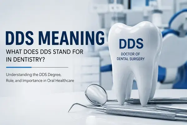 DDS meaning Doctor of Dental Surgery degree certificate with dental tools on a white background