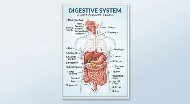 Digestive system labeled diagram showing all major organs including stomach, liver, small intestine, and large intestine