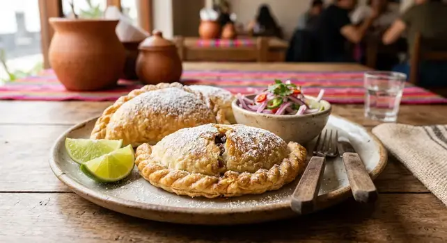 Freshly baked Peruvian empanada dusted with powdered sugar, served with fresh lime wedges and salsa criolla on a rustic wooden table.