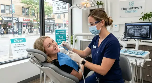 Dental hygienist performing professional teeth cleaning on a patient in a local dental clinic