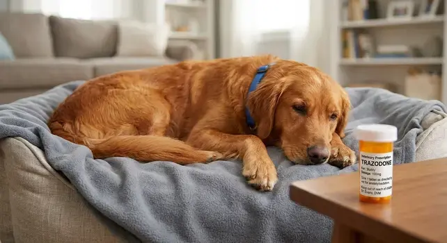 Calm Golden Retriever resting on a cozy bed next to a veterinary prescription bottle labeled Trazodone for dogs