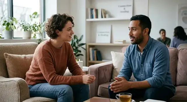 Two people engaging in a supportive mental and emotional health conversation in a bright therapy room.