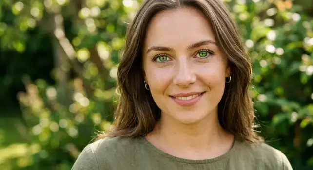 Close-up portrait of a smiling woman with striking green eyes in a natural garden setting