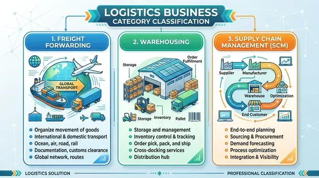 An infographic explaining Logistics Business Category Classification broken down into Freight Forwarding, Warehousing, and Supply Chain Management (SCM) with visual icons and descriptions.