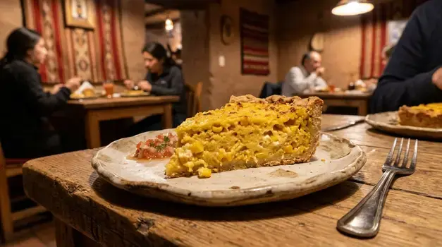 A freshly baked slice of delicious Tarta de Choclo served on a rustic plate in a cozy restaurant setting.