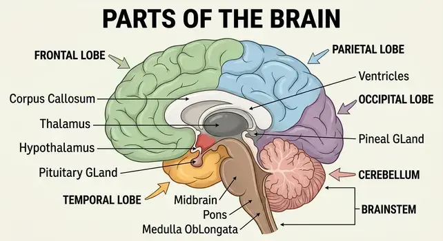 Cross-section anatomical diagram showing key parts of the human brain including lobes, cerebellum, and brainstem.