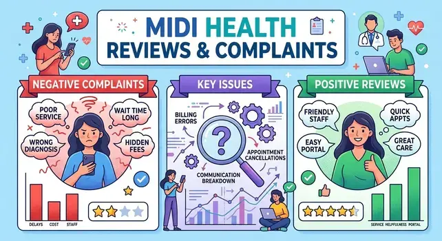 Infographic summarizing Midi Health reviews and complaints showing customer feedback on billing, care, and appointments