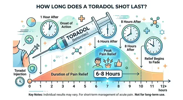 Infographic showing Toradol shot duration (6 to 8 hours pain relief timeline).