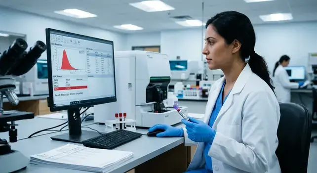 Female lab technician analyzing MCV blood test results on a computer monitor in a medical laboratory.