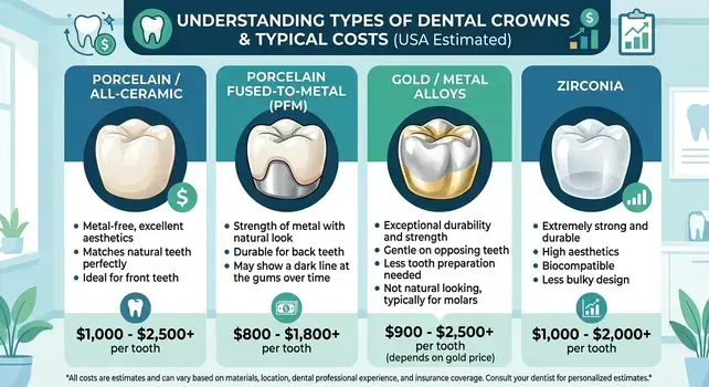 Infographic showing types of dental crowns including Porcelain, PFM, Gold, Zirconia, and their estimated costs.