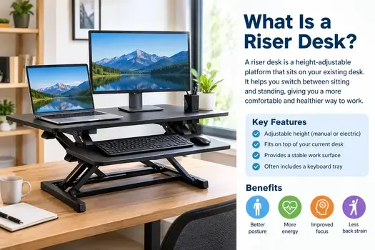 What is a riser desk showing an adjustable standing desk converter with a monitor, laptop, and keyboard.