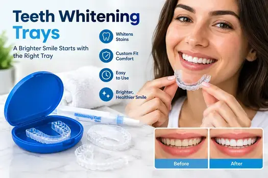 Clear teeth whitening trays with a blue storage case and whitening gel for a brighter smile. Copy alt text
